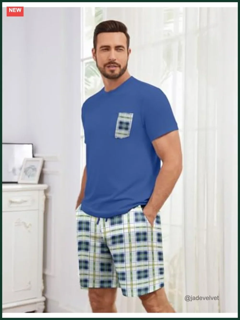 Cotton Blend 2 Piece Plaid Pajama Set Short Sleeve & Shorts